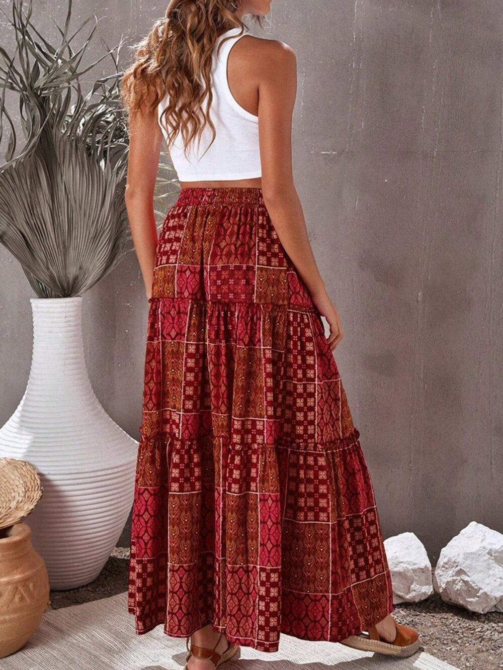 Burgundy Bohemian Women's High Waist Skirt with Floral Print Lace Hem - Picture 2 of 8